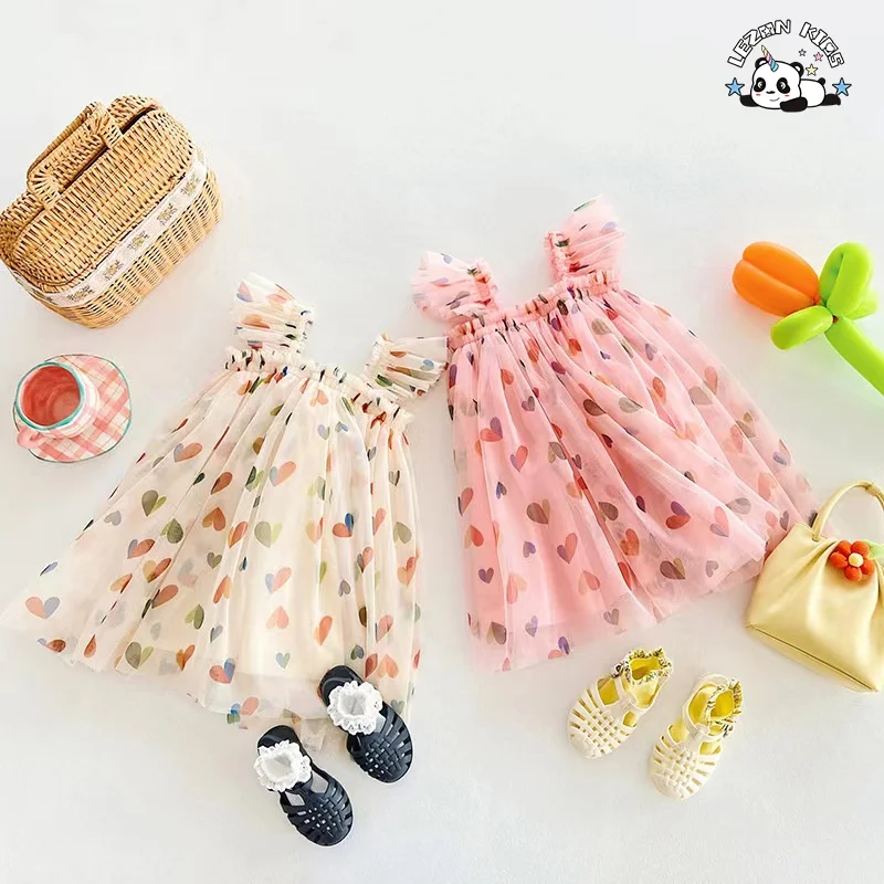 LEZONKIDS - 2024 High Quality heart pattern printed spaghetti strap tutu dresses for girls kids